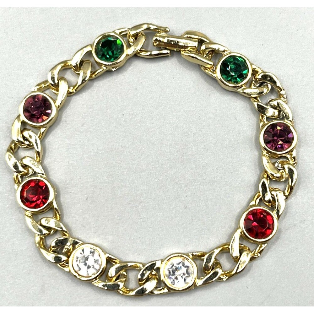 Gold Tone Chain Bracelet Christmas Holiday Rhinestones Red Green White Purple